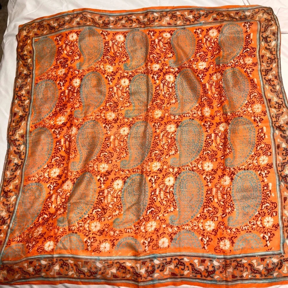Orange Silk‎ Paisley Floral Square Scarf Bohemian Head Neck Wrap Accessory